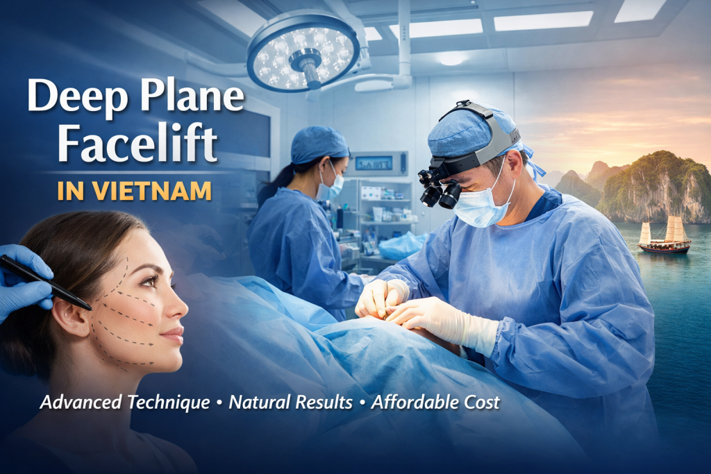 Deep plane facelift surgery in Vietnam showing surgeon performing procedure with natural facial lifting results