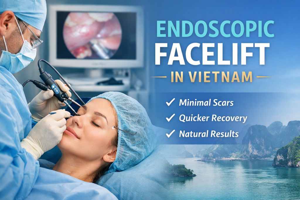 Endoscopic facelift in Vietnam procedure showing minimally invasive facial lifting with small incisions and natural results