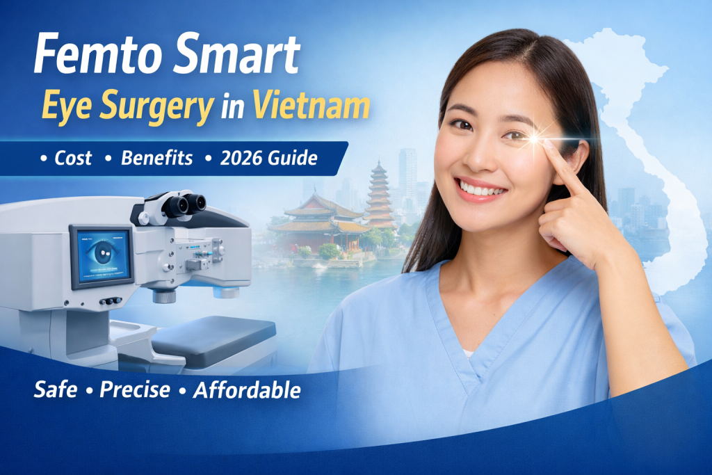 Femto Smart eye surgery in Vietnam with modern femtosecond laser technology and smiling patient showing improved vision