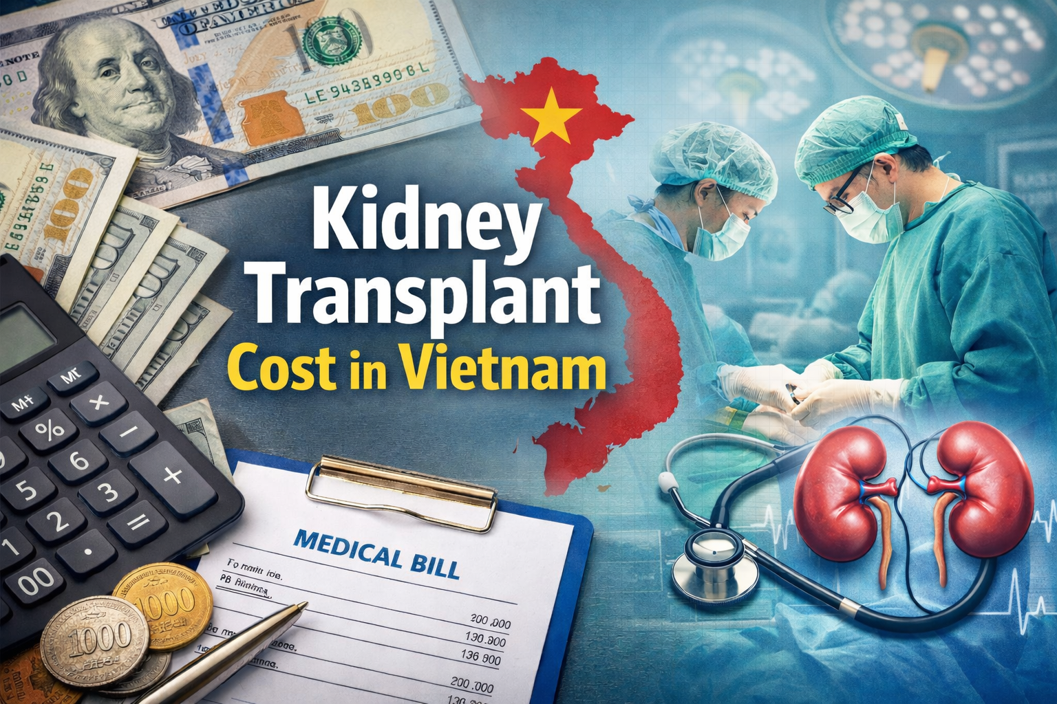 Kidney transplant cost in Vietnam comparison showing surgery expenses, medical team, and healthcare facilities.