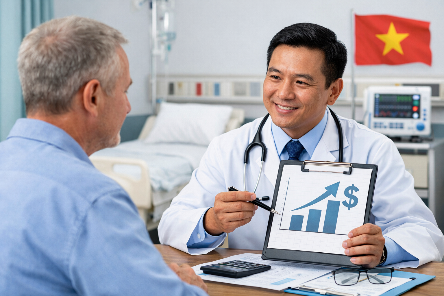 Doctor explaining liver transplant cost consultation to a foreign patient in a modern hospital in Vietnam