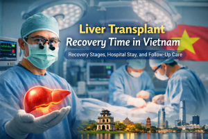 Liver transplant recovery time in Vietnam – surgeon holding liver model in operating room illustrating recovery stages and hospital stay after transplant surgery.