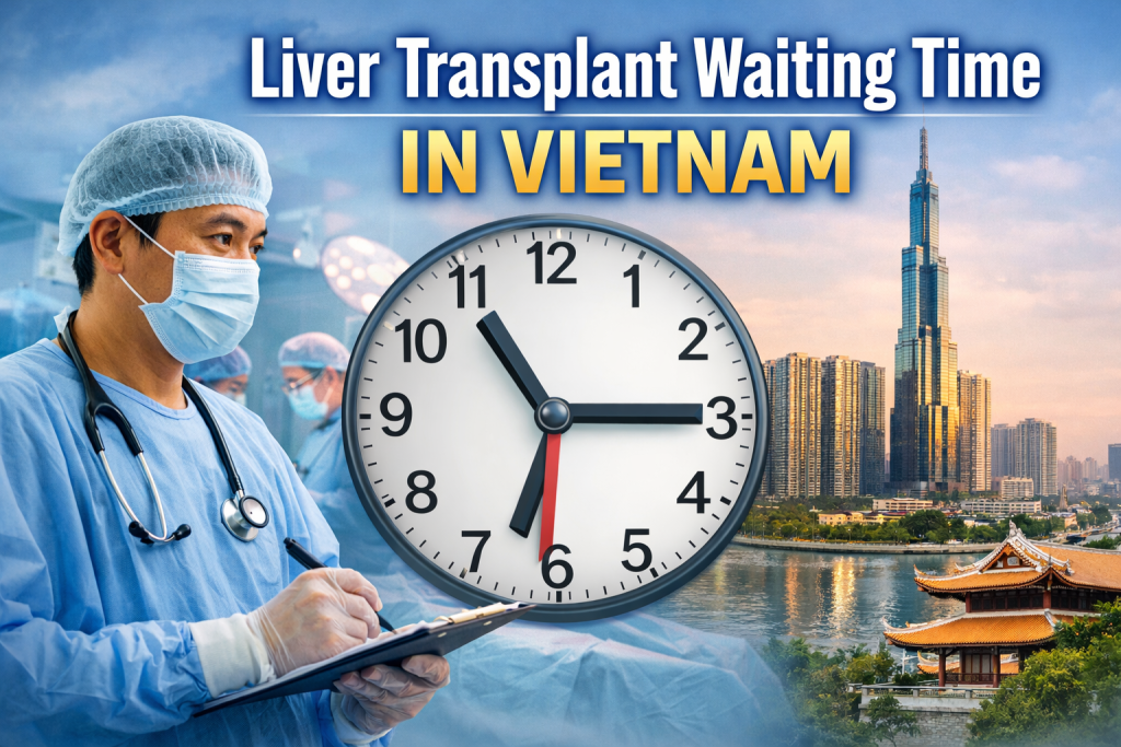 Liver transplant waiting time in Vietnam illustration showing surgeon, clock symbolizing waiting time, and Ho Chi Minh City skyline.