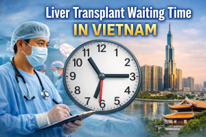 Liver transplant waiting time in Vietnam illustration showing surgeon, clock symbolizing waiting time, and Ho Chi Minh City skyline.