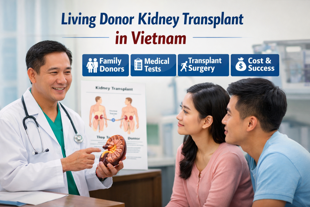Doctor explaining living donor kidney transplant in Vietnam to a patient and potential donor during medical consultation.