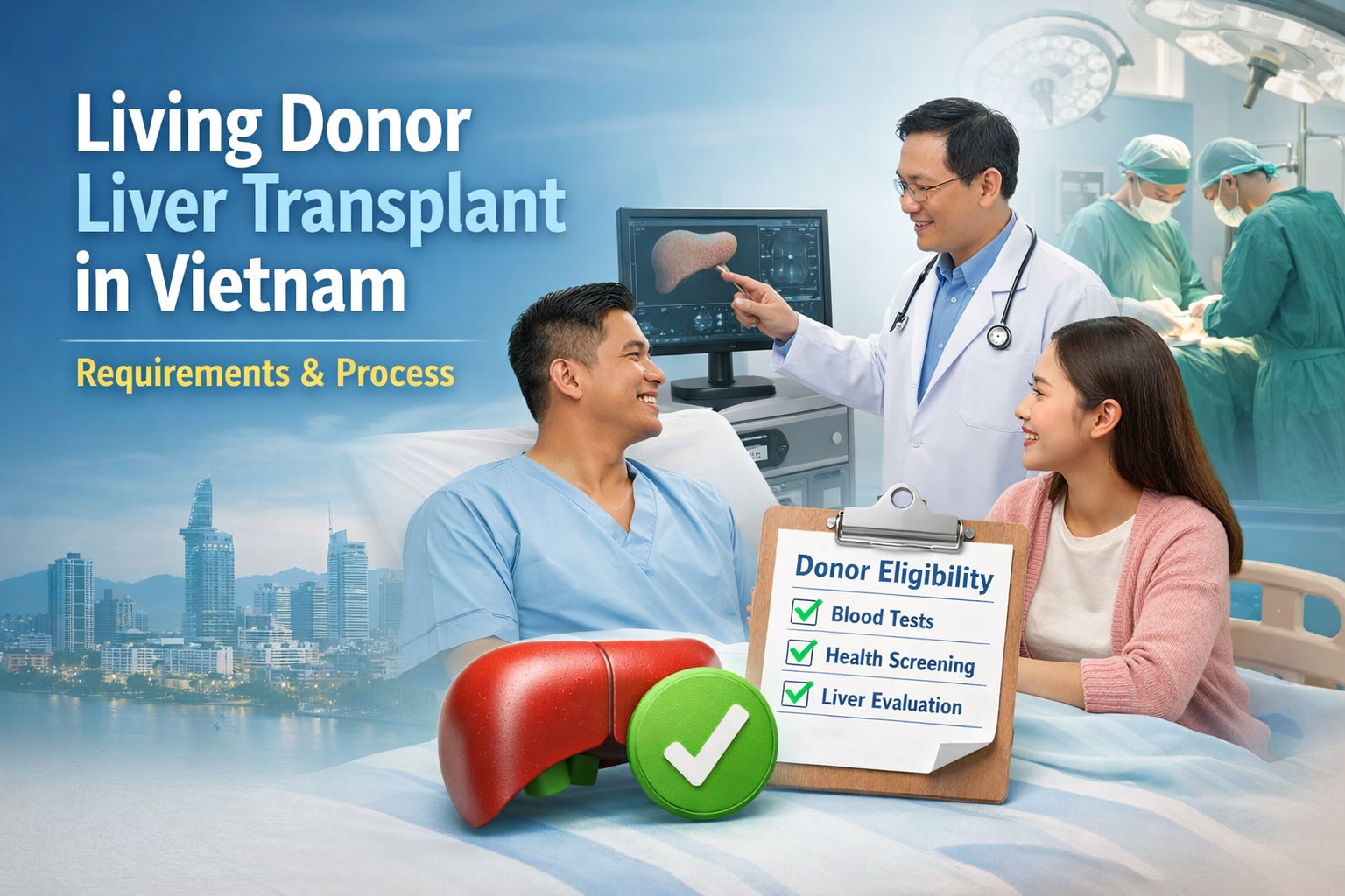 Doctor explaining living donor liver transplant requirements to a patient and donor at a hospital in Vietnam
