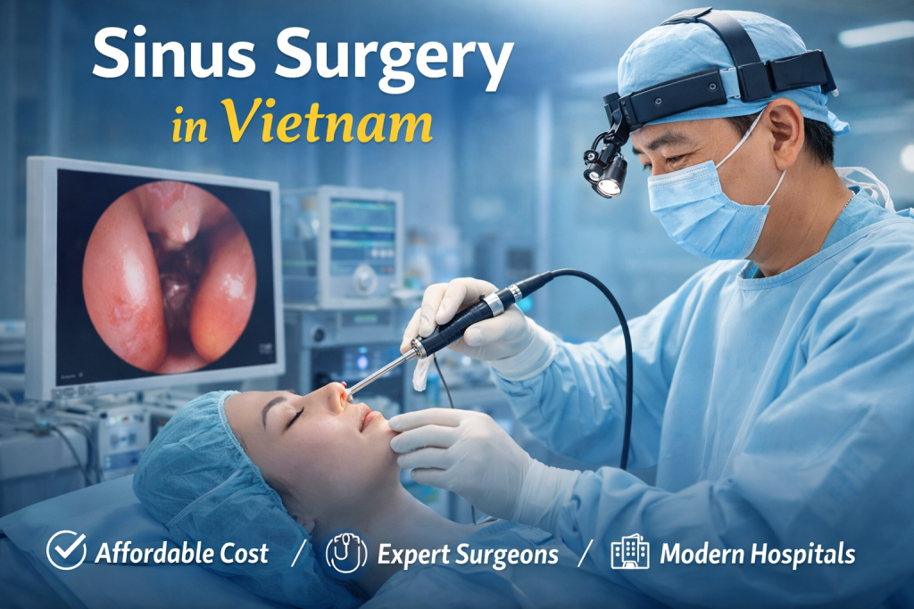 Sinus surgery in Vietnam with ENT surgeon using endoscope in modern hospital, affordable treatment and advanced medical technology