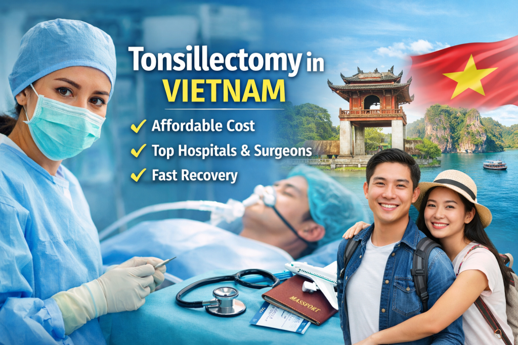 Tonsillectomy in Vietnam surgery with ENT doctor, affordable cost, modern hospital and medical tourism concept