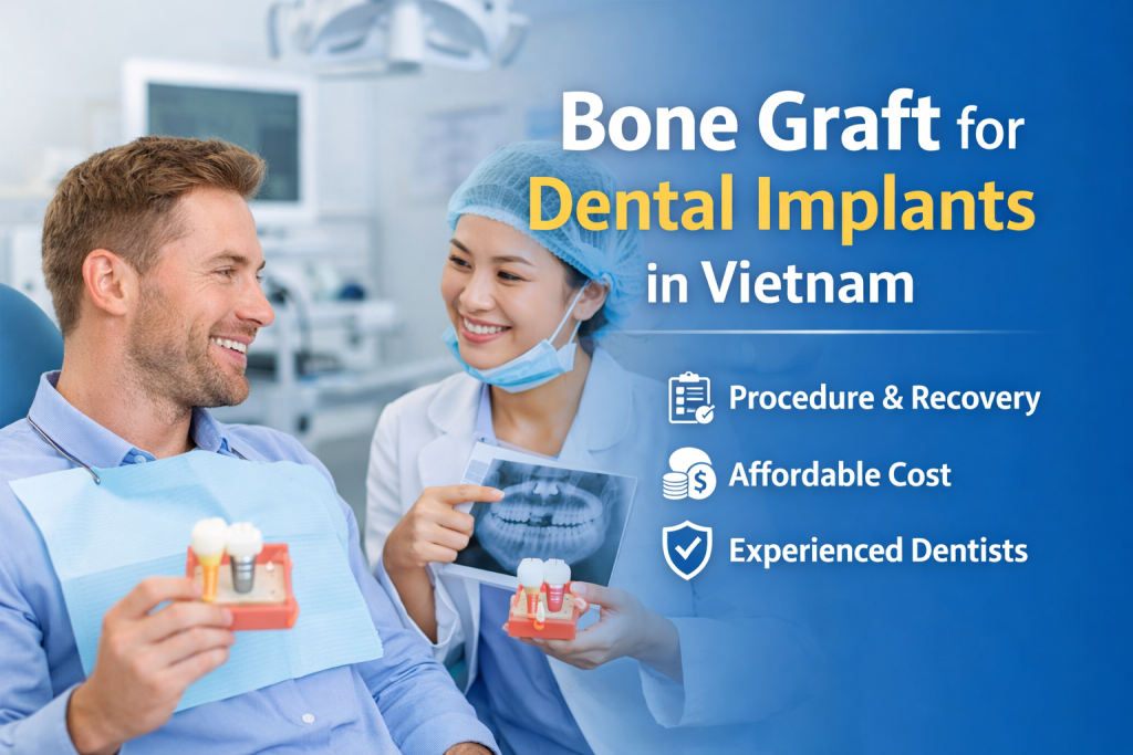 Bone graft for dental implants in Vietnam consultation with dentist showing X-ray and implant model