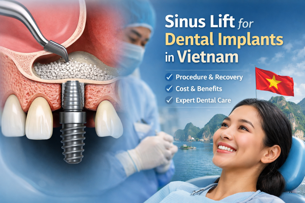Sinus lift for dental implants in Vietnam with bone graft procedure and implant placement illustration