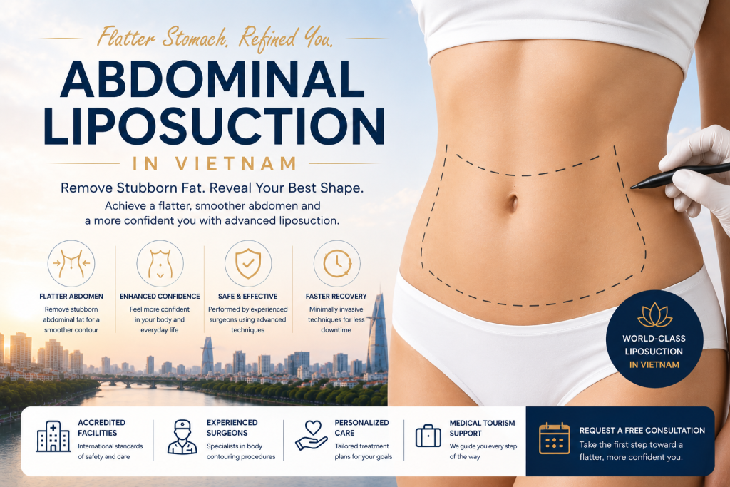 Woman undergoing abdominal liposuction in Vietnam to remove stubborn belly fat and achieve a flatter more contoured abdomen at a cosmetic surgery clinic
