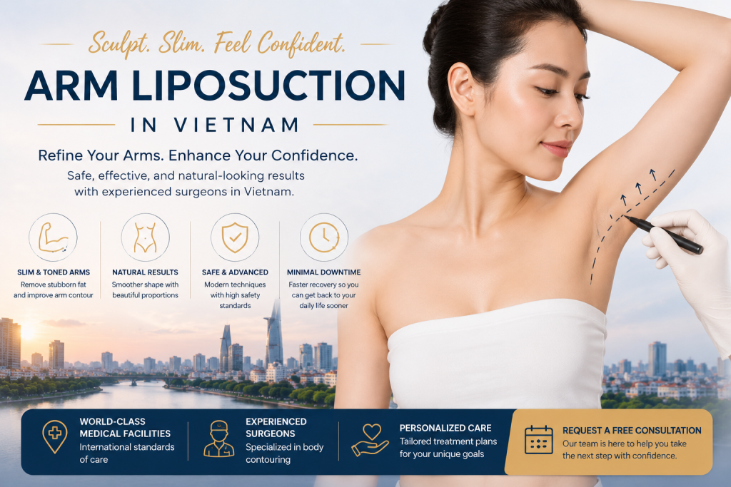 Woman undergoing arm liposuction in Vietnam to reduce upper arm fat and achieve slimmer toned arms at a cosmetic surgery clinic