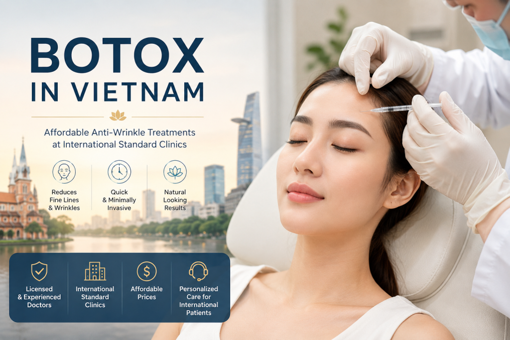 Botox in Vietnam treatment at an international standard aesthetic clinic with a professional cosmetic doctor performing anti wrinkle injections for medical tourists.