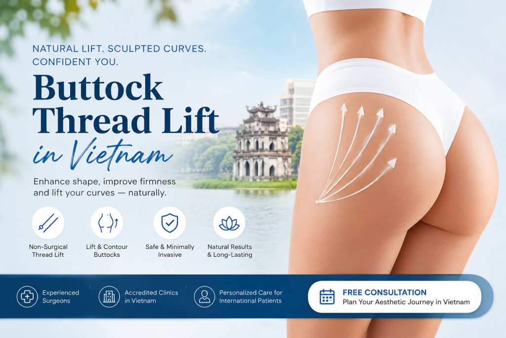 Woman receiving a non-surgical buttock thread lift in Vietnam with visible lifting vector lines, promoting minimally invasive butt enhancement and cosmetic surgery tourism in Vietnam.