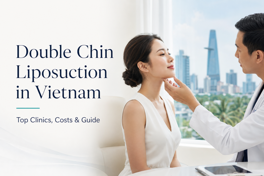 Double chin liposuction in Vietnam with cosmetic surgeon assessing jawline and chin contour