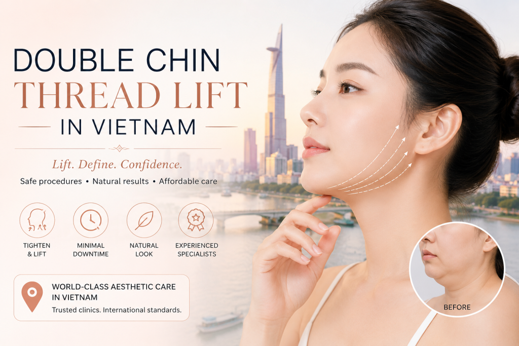 Double chin thread lift in Vietnam performed at a modern aesthetic clinic with non-surgical facial contouring and jawline tightening treatment