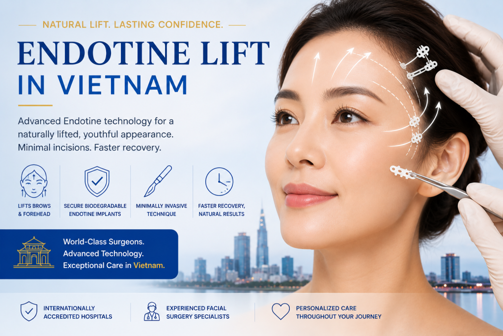 Woman undergoing Endotine lift in Vietnam for brow and forehead rejuvenation using advanced minimally invasive facial lifting techniques