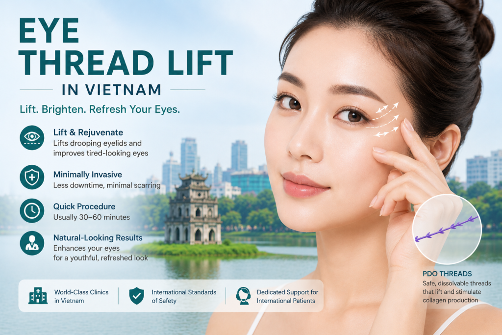 Eye thread lift in Vietnam using PDO threads to lift drooping eyelids and rejuvenate tired eyes with minimally invasive cosmetic treatment