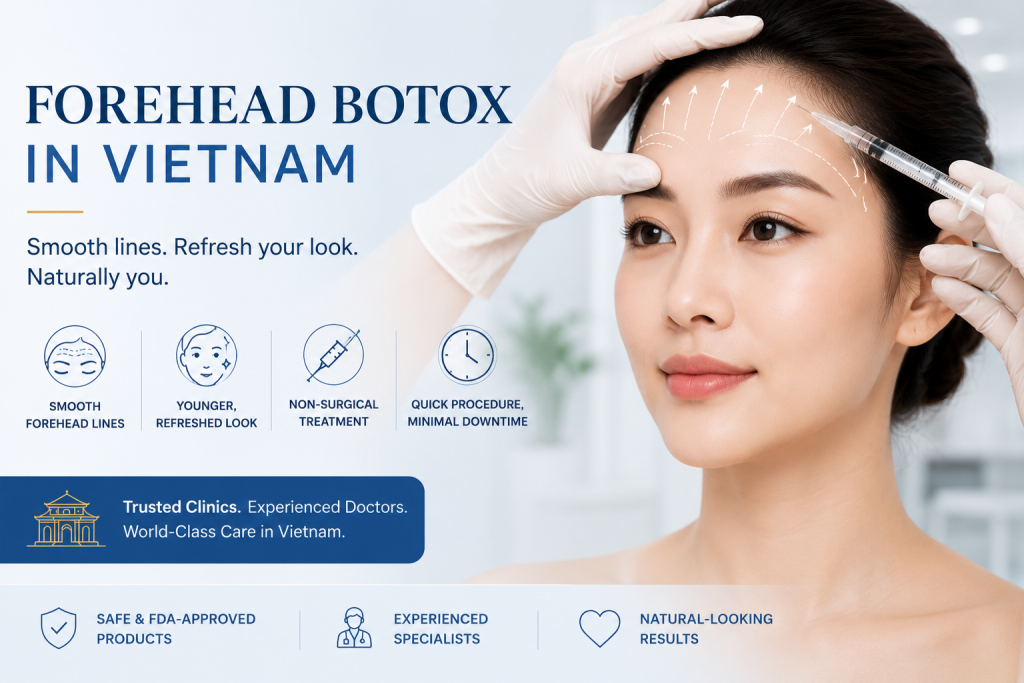 Woman receiving forehead botox in Vietnam to smooth forehead wrinkles and achieve a refreshed youthful appearance at a cosmetic clinic