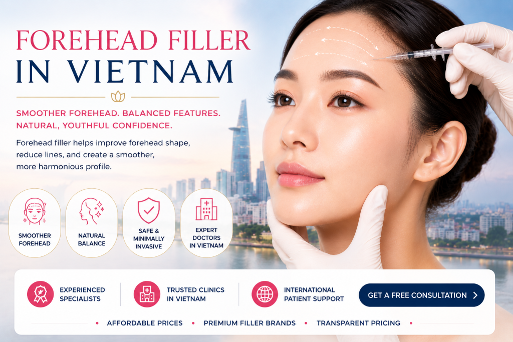 Forehead filler in Vietnam treatment with dermal filler injection to smooth forehead lines and enhance facial balance by expert aesthetic doctor