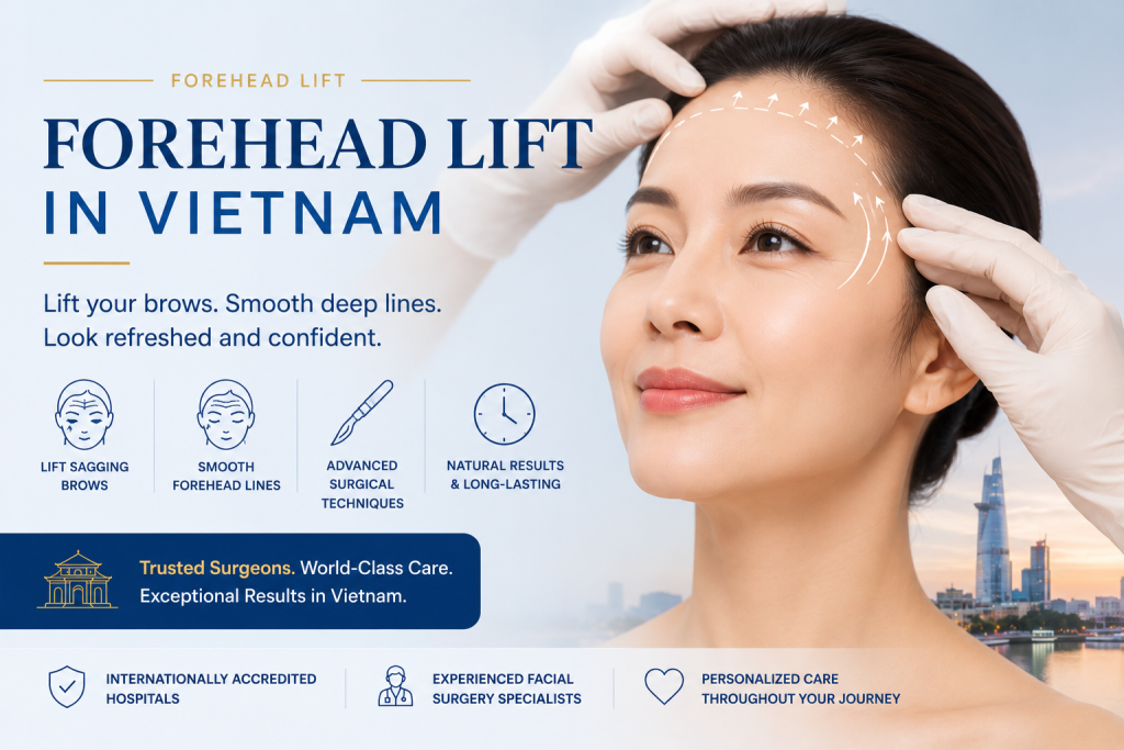 Woman undergoing forehead lift in Vietnam to reduce forehead wrinkles and lift sagging brows at a cosmetic surgery clinic