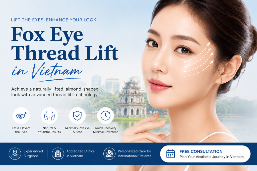 Young woman showcasing the results of a fox eye thread lift in Vietnam, highlighting lifted almond-shaped eyes and minimally invasive cosmetic enhancement treatment.