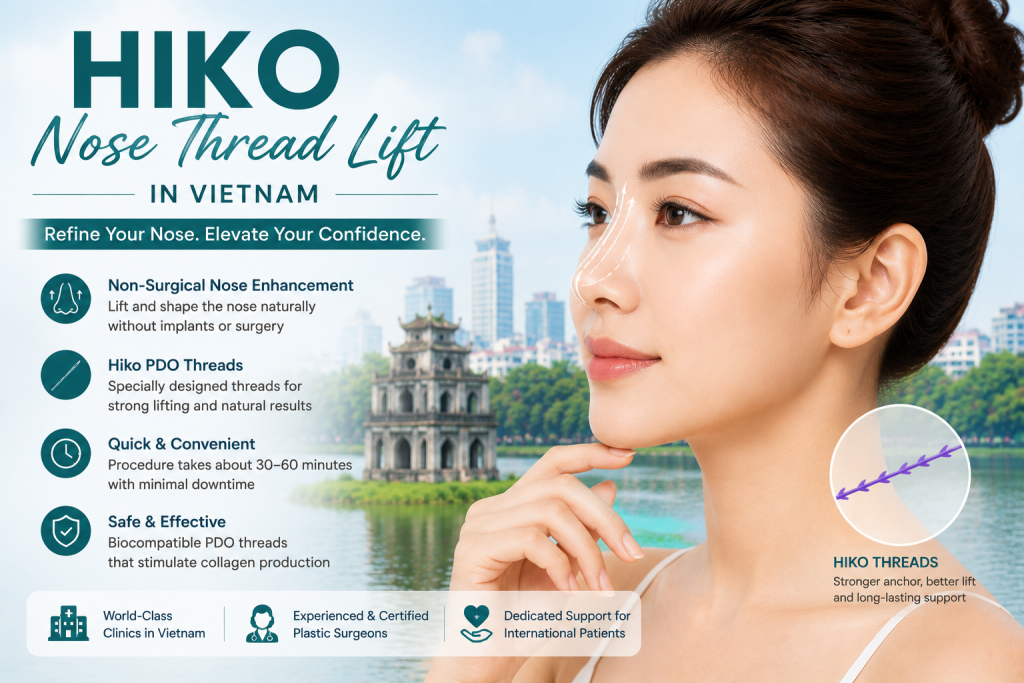 Hiko nose thread lift in Vietnam using PDO threads for non-surgical nose enhancement, bridge lifting, and natural nose reshaping with minimal downtime