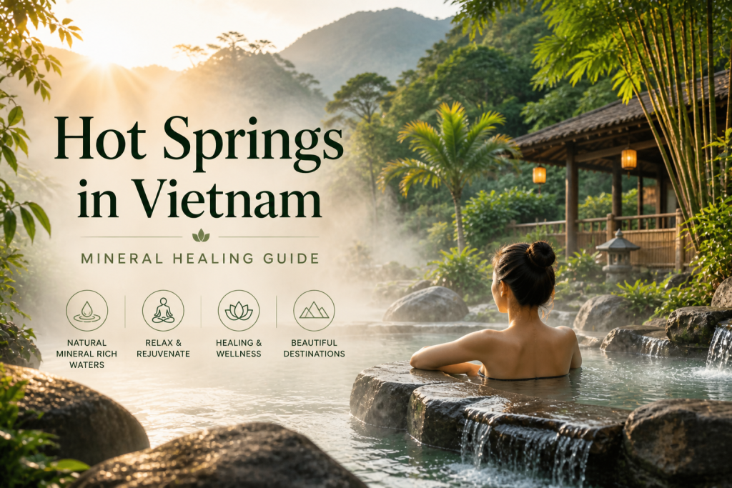 Hot Springs in Vietnam with a woman relaxing in a natural mineral pool surrounded by tropical forest, mountains, and warm steam at sunrise
