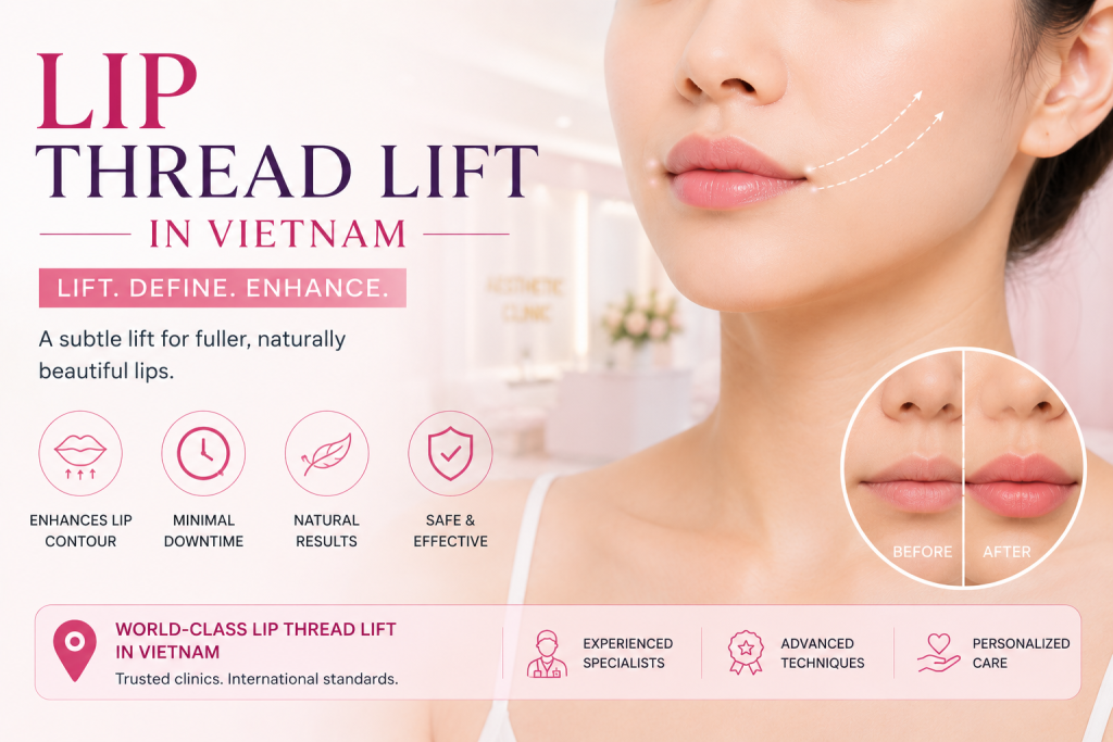 Lip thread lift in Vietnam at a modern aesthetic clinic with non-surgical lip enhancement and natural contour improvement treatment