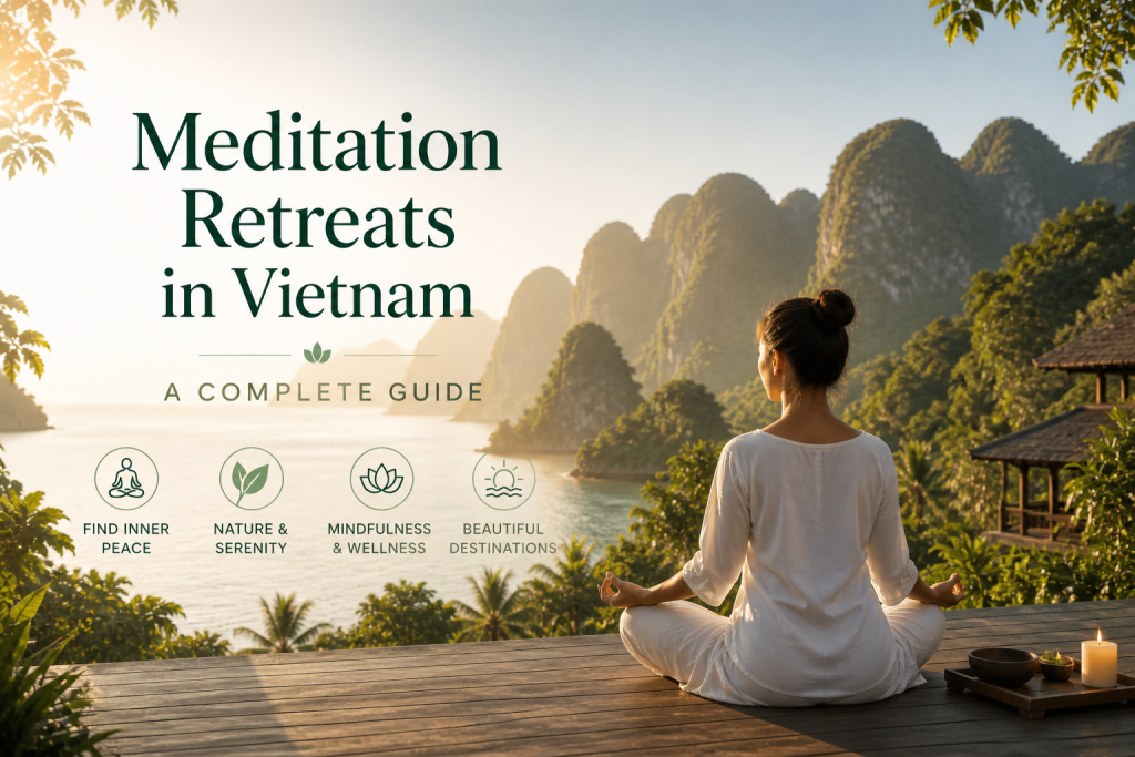 Meditation Retreats in Vietnam with a woman practicing meditation overlooking a peaceful tropical bay, limestone mountains, and serene nature landscape