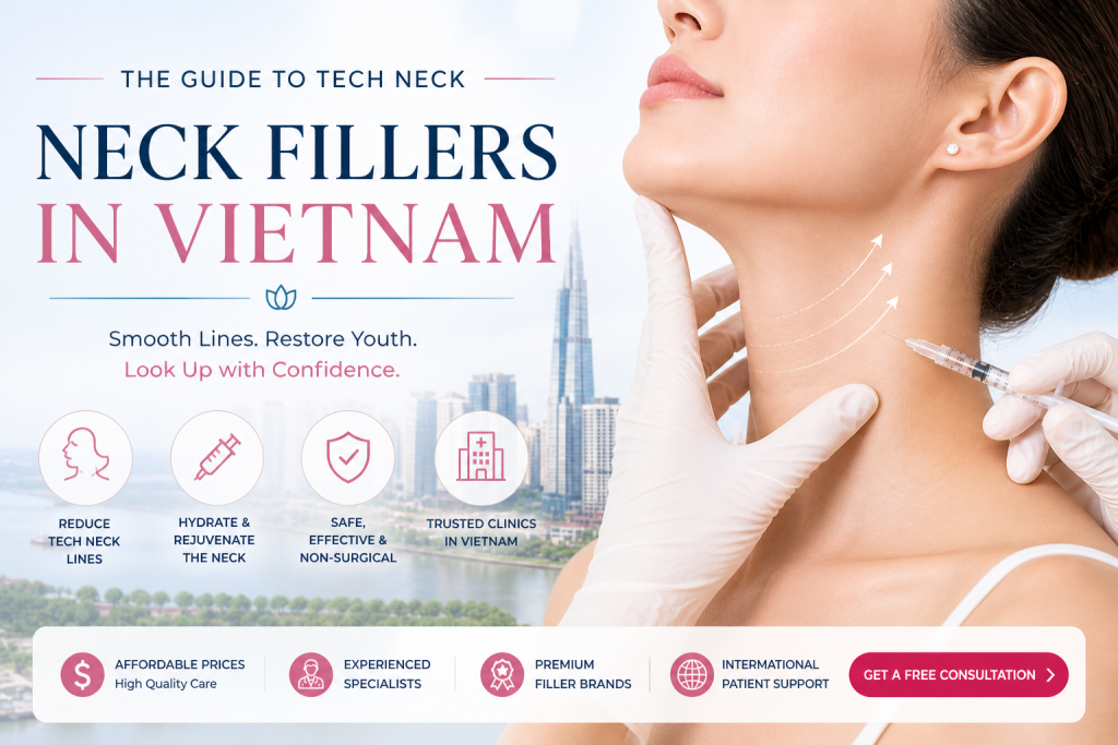 Neck fillers in Vietnam treatment with hyaluronic acid injection to reduce tech neck lines and improve skin elasticity by expert aesthetic doctor
