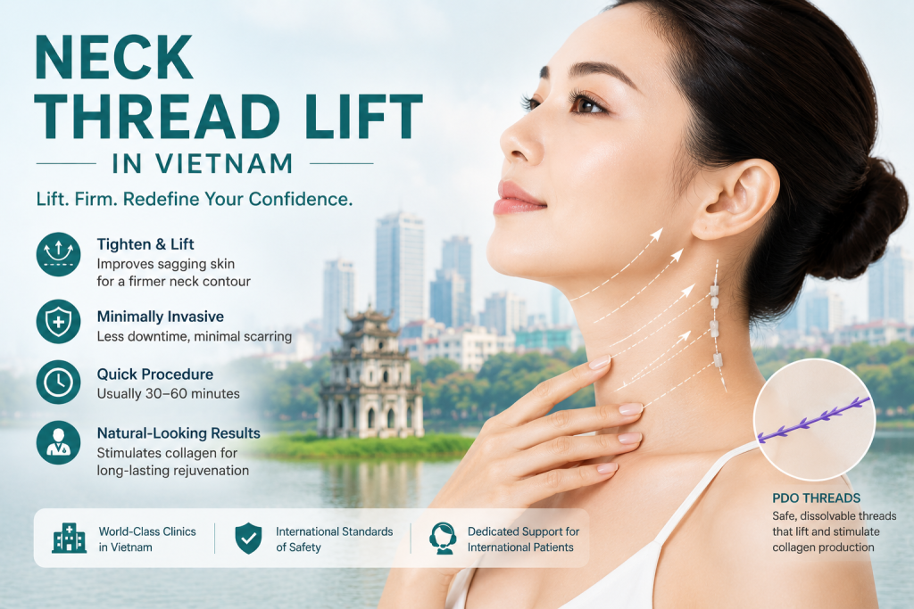 Neck thread lift in Vietnam using PDO threads to tighten sagging neck skin and improve jawline definition with minimally invasive cosmetic treatment