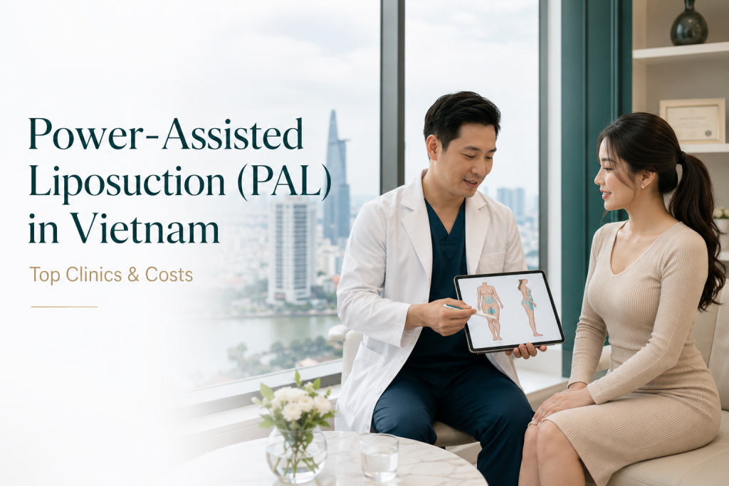 Power-assisted liposuction PAL in Vietnam with cosmetic surgeon explaining body contouring areas