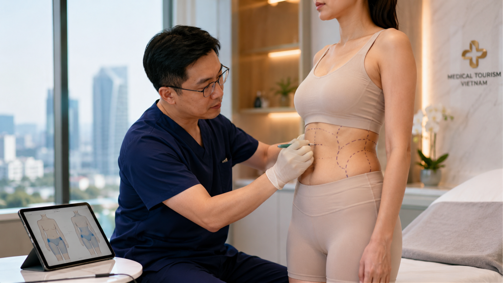 Revision liposuction in Vietnam consultation with surgeon marking abdominal contour correction areas in a modern medical clinic