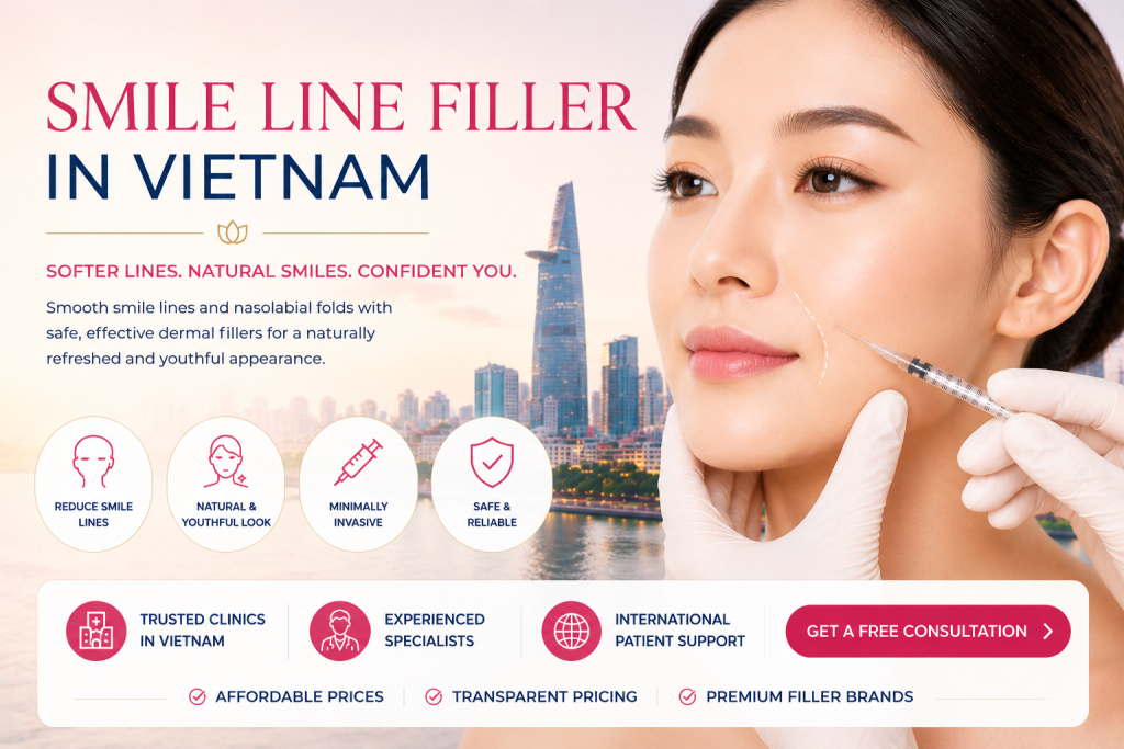 Smile line filler in Vietnam treatment with dermal filler injection to reduce nasolabial folds and restore a youthful facial appearance