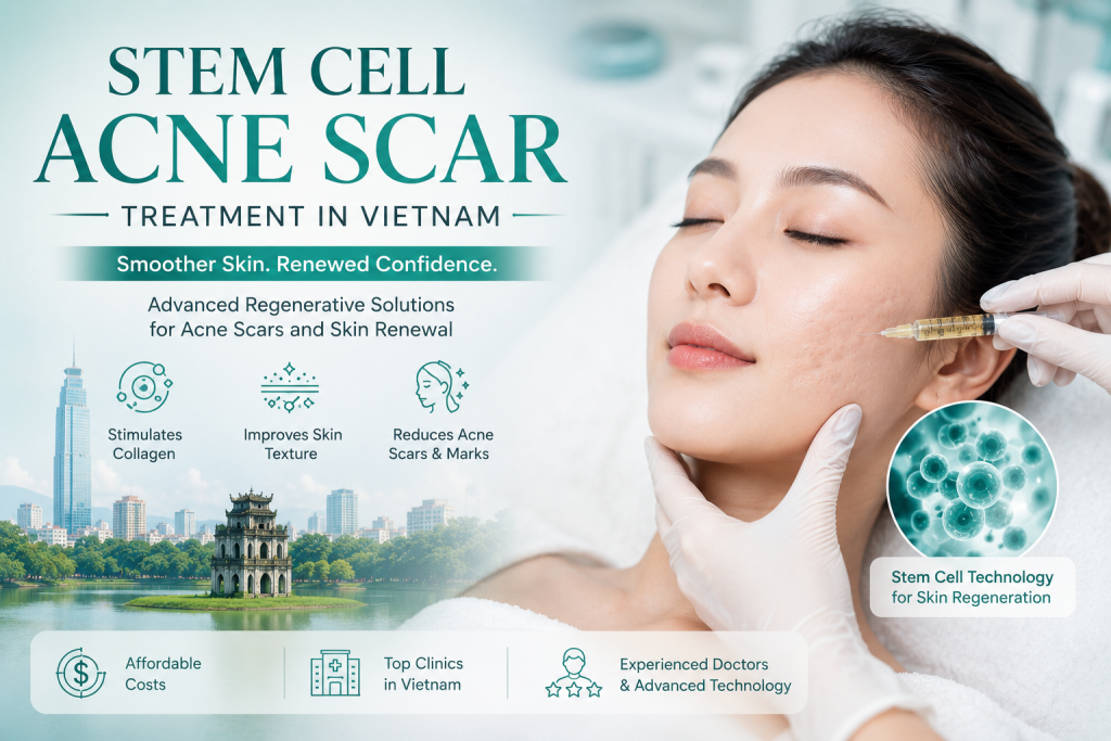 Stem cell acne scar treatment in Vietnam showing regenerative facial therapy for acne scars, collagen stimulation, smoother skin texture, and advanced aesthetic skin rejuvenation
