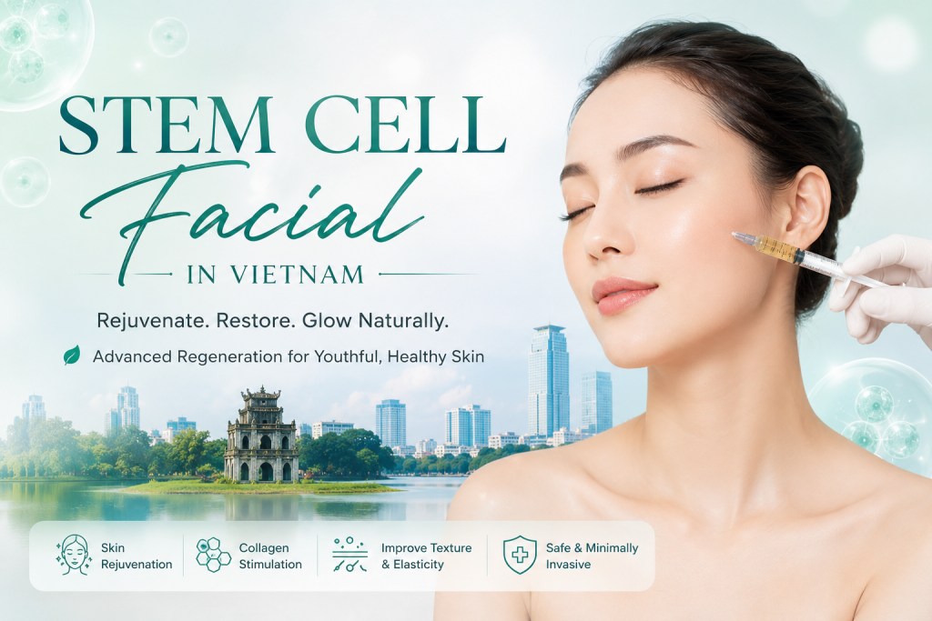 Stem cell facial in Vietnam at a modern aesthetic clinic showing a woman receiving regenerative skin rejuvenation treatment for youthful glowing skin