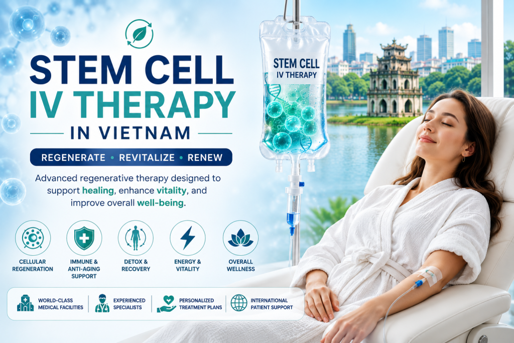 Stem cell IV therapy in Vietnam featuring regenerative wellness treatment, intravenous stem cell infusion, anti-aging support, immune system enhancement, and advanced cellular therapy in a modern medical clinic.