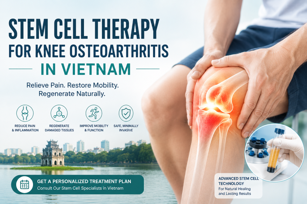Stem cell therapy for knee osteoarthritis in Vietnam showing regenerative knee treatment, pain relief, cartilage repair, and mobility restoration using advanced stem cell technology.