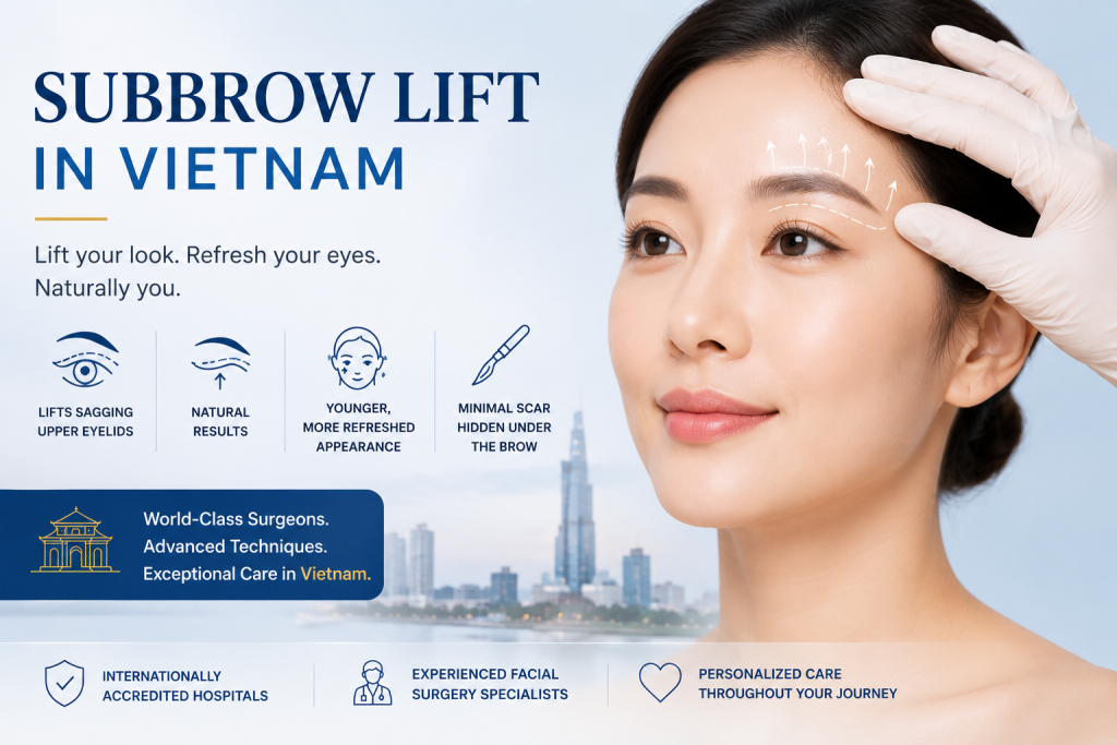 Woman undergoing subbrow lift in Vietnam to lift sagging upper eyelids and achieve a younger refreshed appearance at a cosmetic surgery clinic