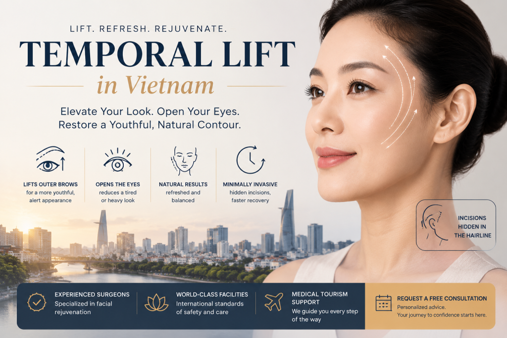 Woman undergoing temporal lift in Vietnam to lift outer brows and create a youthful refreshed eye appearance at a cosmetic surgery clinic