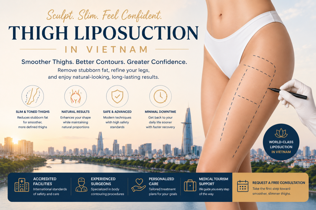 Woman undergoing thigh liposuction in Vietnam to reduce stubborn thigh fat and achieve slimmer more contoured legs at a cosmetic surgery clinic