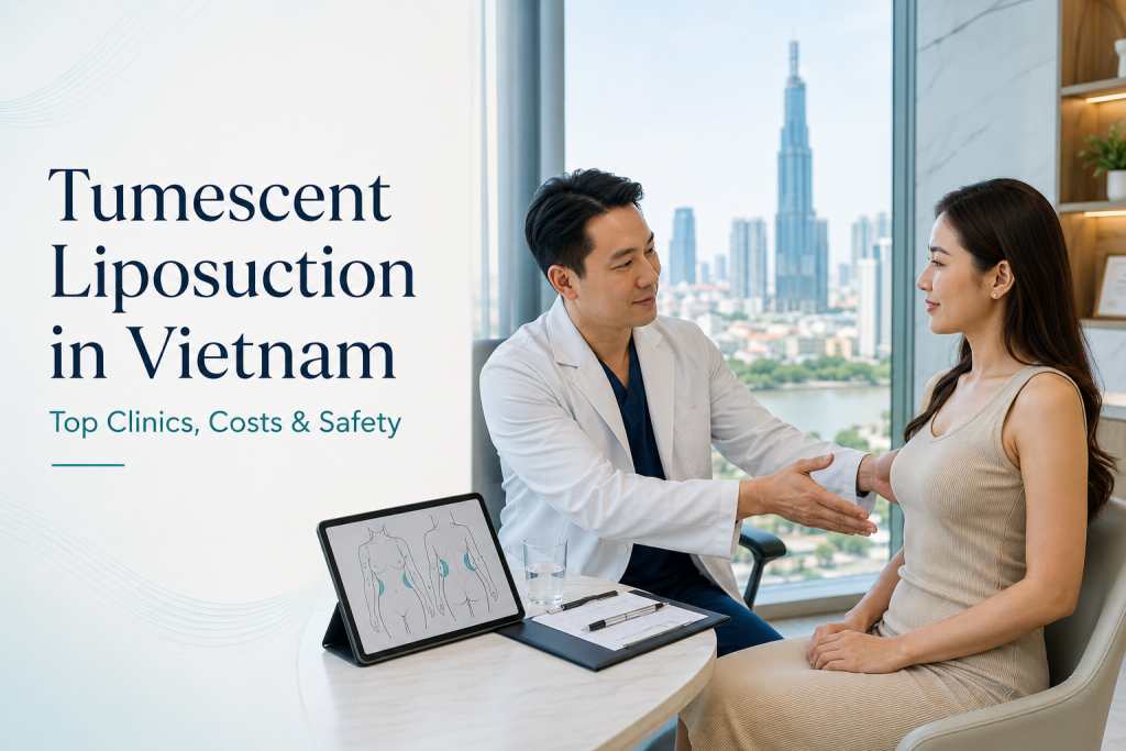 Tumescent liposuction in Vietnam with cosmetic surgeon assessing body contouring areas