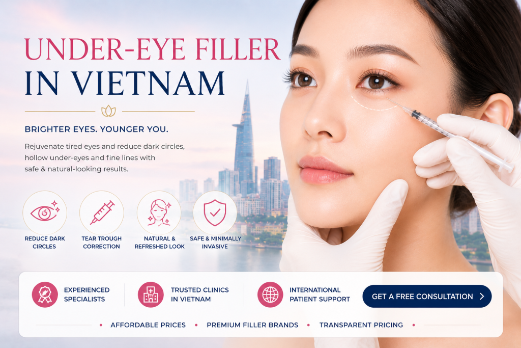 Under eye filler in Vietnam treatment for dark circles and tear trough correction with dermal filler injection by expert aesthetic doctor