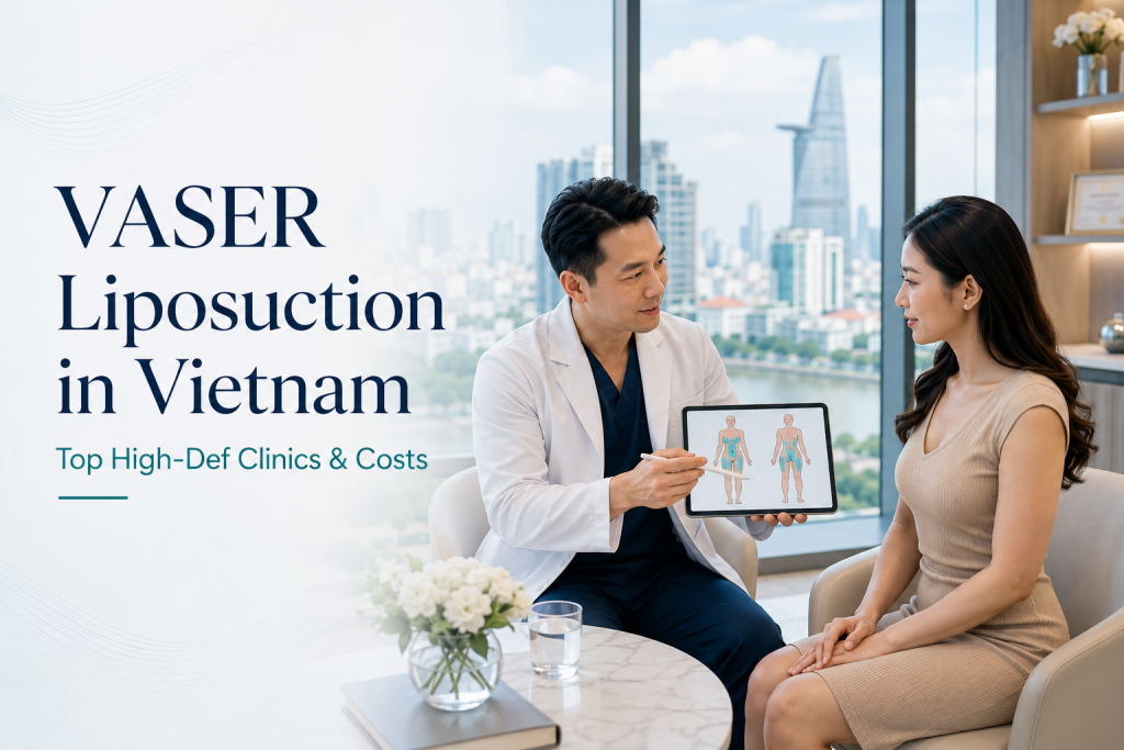 VASER liposuction in Vietnam with cosmetic surgeon explaining high-definition body contouring