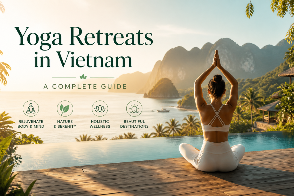 Yoga Retreats in Vietnam with a woman practicing yoga at sunrise overlooking a tropical beach, mountains, and luxury wellness resort