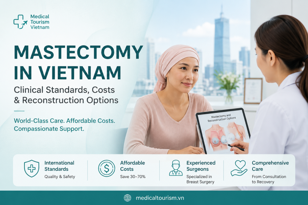 Mastectomy in Vietnam consultation with breast reconstruction options discussed between patient and surgeon at a modern Vietnamese hospital
