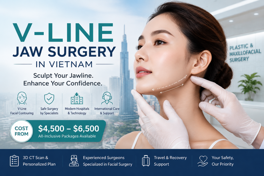 V-line jaw surgery in Vietnam consultation with facial contouring specialist, modern hospital care and international patient support