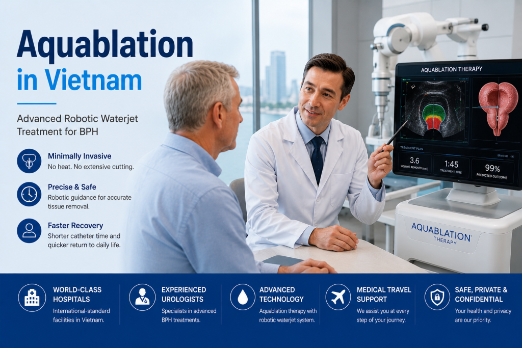 Urologist consulting an international patient about Aquablation in Vietnam for BPH treatment and robotic waterjet prostate therapy