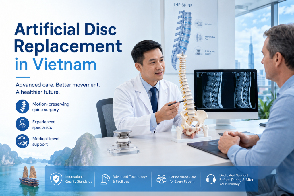 Spine specialist consulting an international patient about artificial disc replacement in Vietnam with MRI scan, spine model, and motion-preserving surgery options